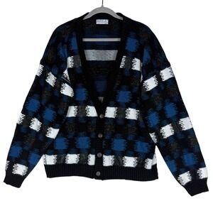Vintage AREA Sweater Mens Medium Black Blue Check V Neck‎ Button Made in USA